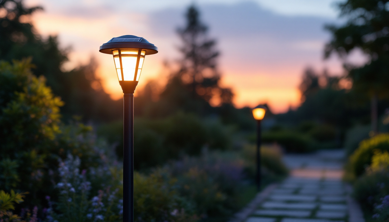 A photograph of a beautifully illuminated solar-powered post light in a serene outdoor setting during twilight