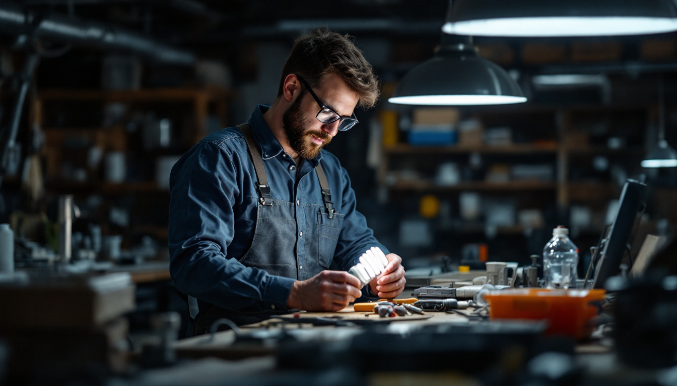A photograph of a lighting engineer examining a cfl bulb and its ballast in a well-lit workshop