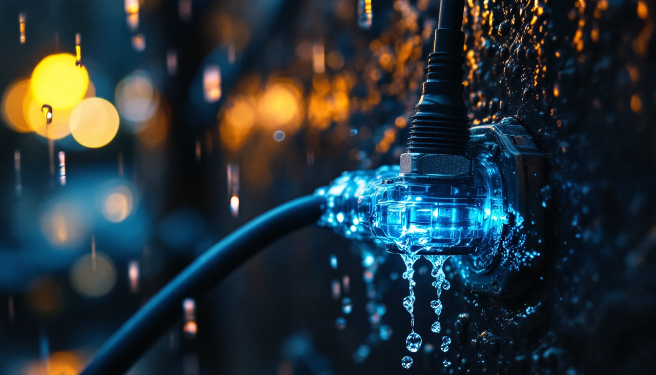 A photograph of a close-up shot of a waterproof cable connector being installed in a rugged outdoor lighting setting