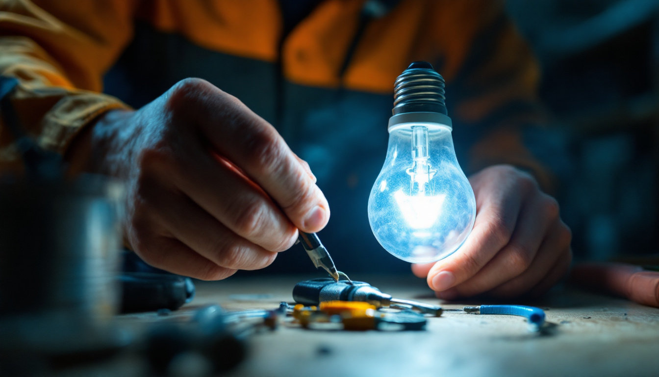 A photograph of a close-up shot of an engineer or electrician carefully replacing a traditional can light bulb with a modern led bulb