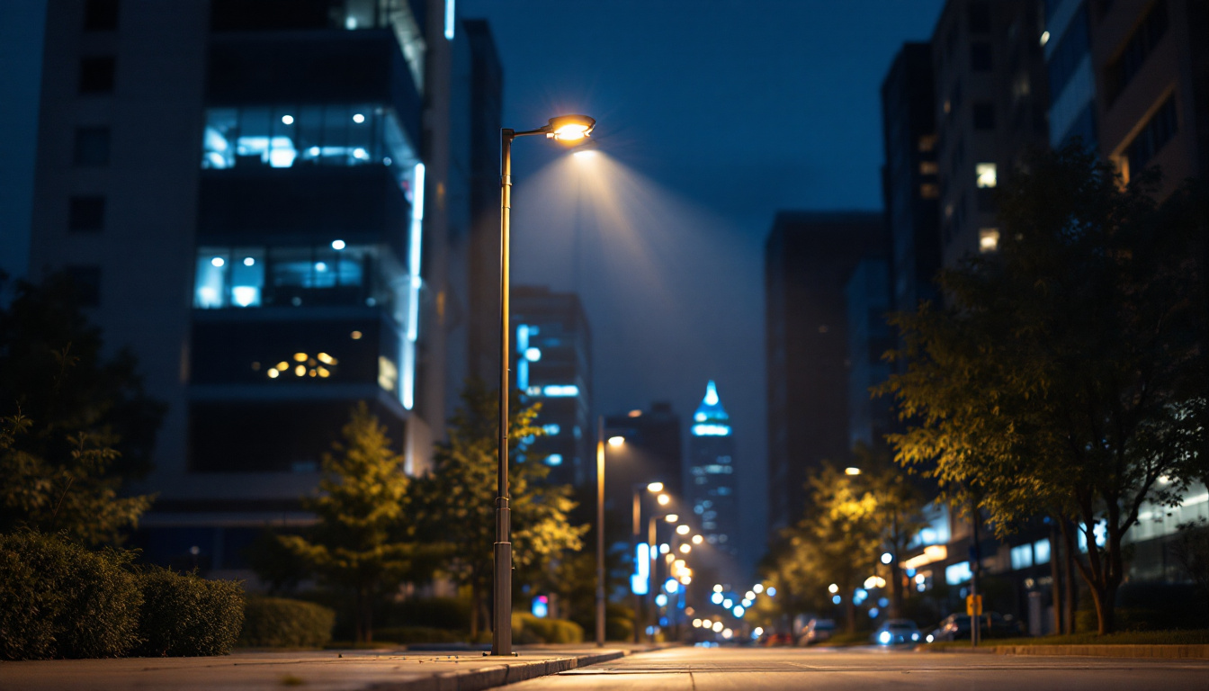 A photograph of a well-maintained light pole in a nighttime urban setting
