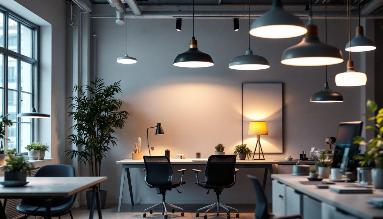 A photograph of a well-lit workspace showcasing a variety of innovative lighting fixtures and design elements