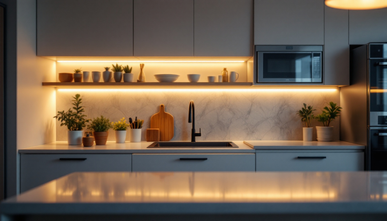 A photograph of a stylish kitchen featuring under cabinet strip lighting in action