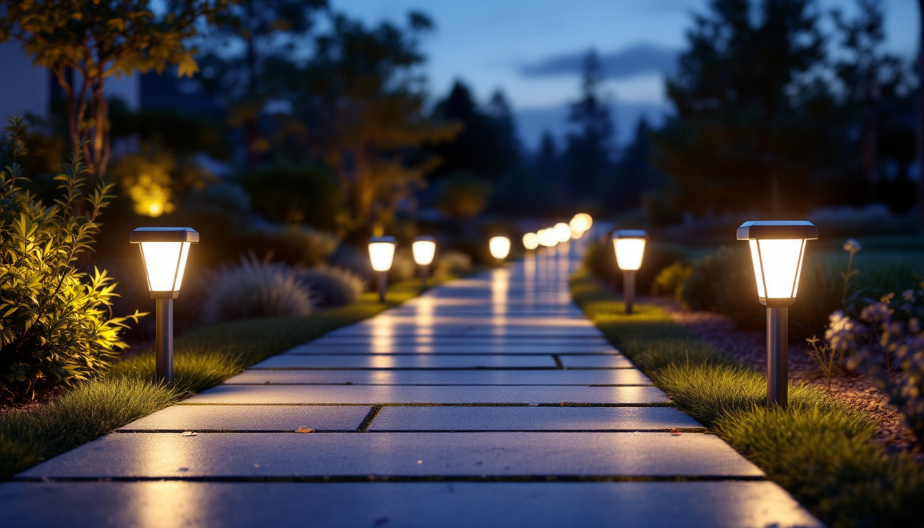 A photograph of a beautifully illuminated solar driveway at dusk