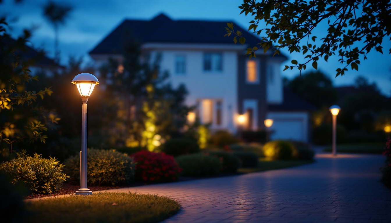 A photograph of a well-lit outdoor area showcasing various types of led security lights in action
