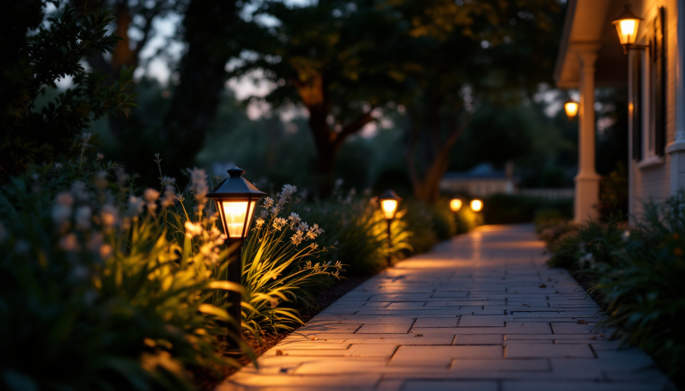 A photograph of a beautifully lit pathway adorned with harbor breeze pathway lights