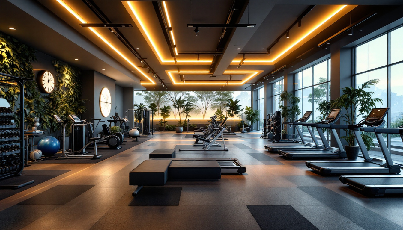 A photograph of a modern gym setting with energy-efficient lighting and fitness equipment