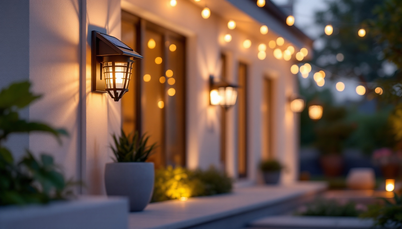 A photograph of a beautifully illuminated outdoor space featuring solar sconce lights
