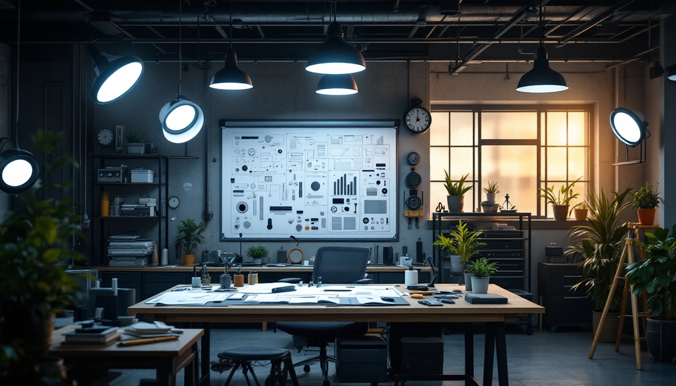 A photograph of a well-lit engineering workspace featuring various lighting fixtures