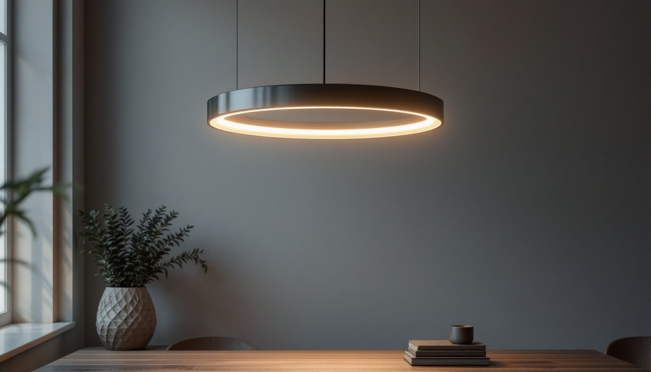 A photograph of a modern circle hanging lamp elegantly illuminated in a stylish interior setting