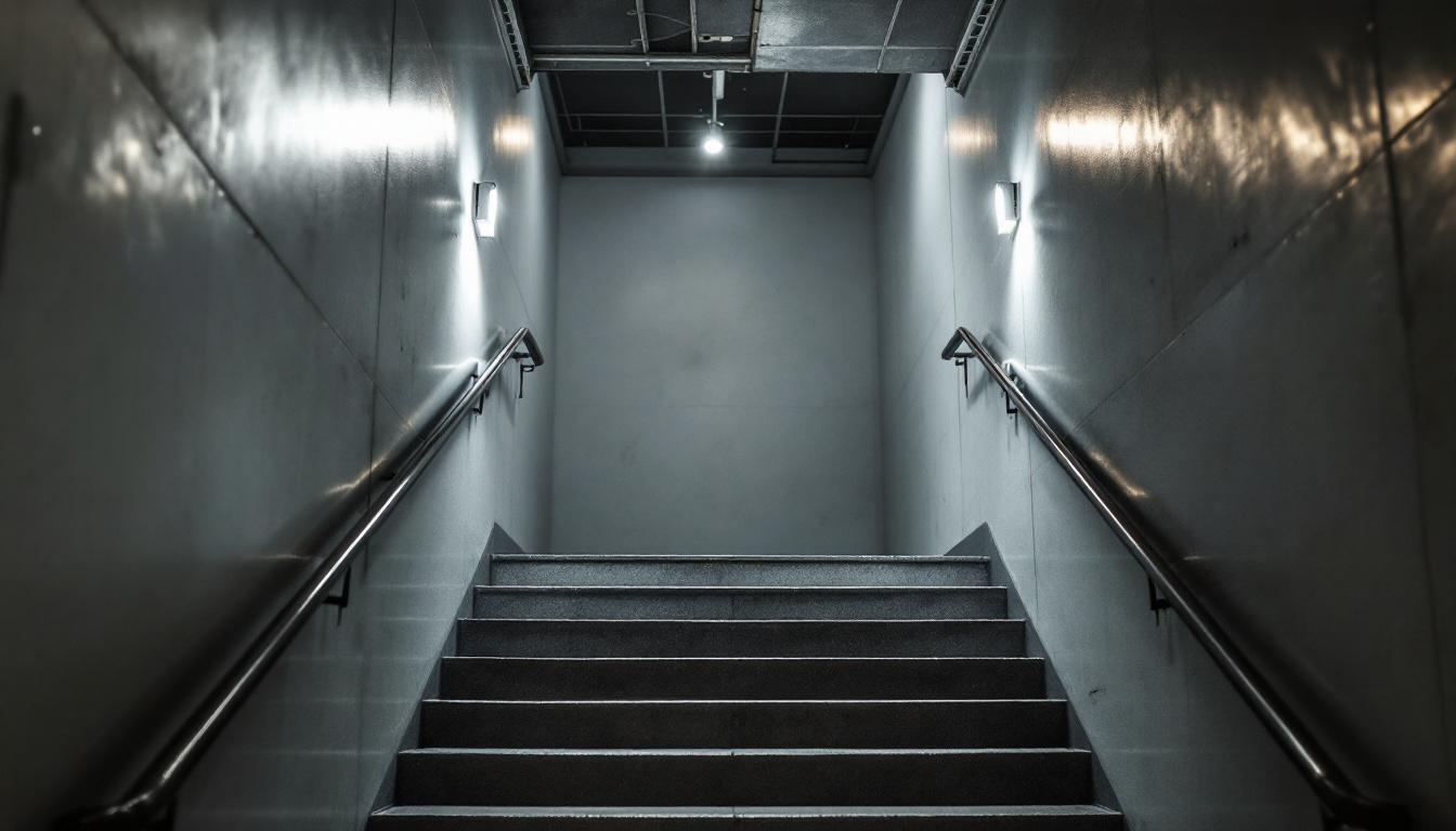 A photograph of a well-lit basement stairway featuring strategically placed lighting fixtures that enhance safety and visibility