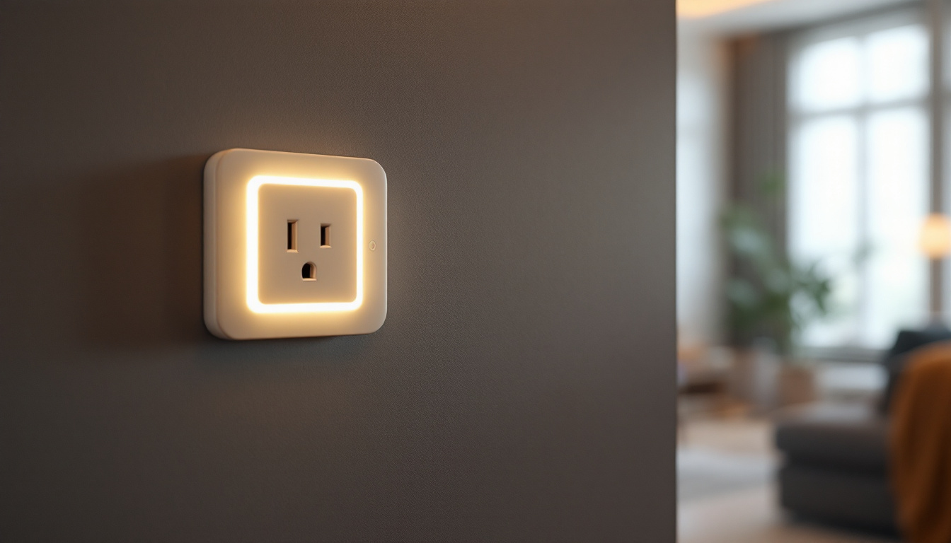 A photograph of a stylish light switch with an integrated receptacle in a modern interior setting