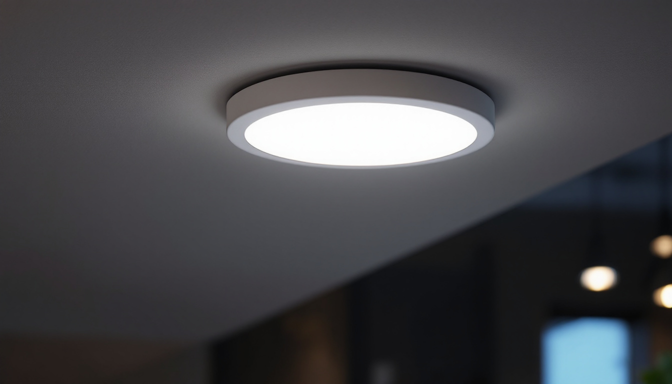 A photograph of a close-up view of a modern 3-inch led pot light installed in a stylish interior setting
