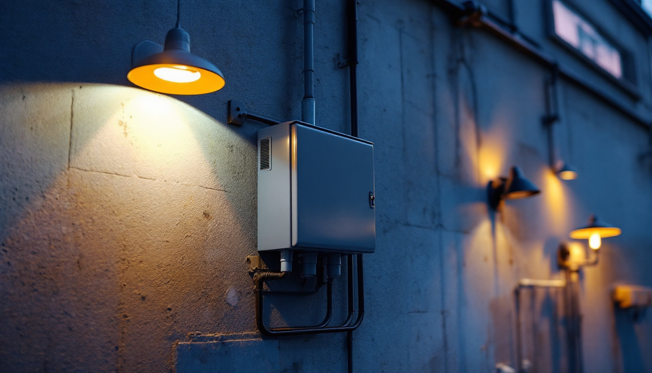 A photograph of a well-designed outdoor electrical box installed alongside industrial and commercial lighting fixtures