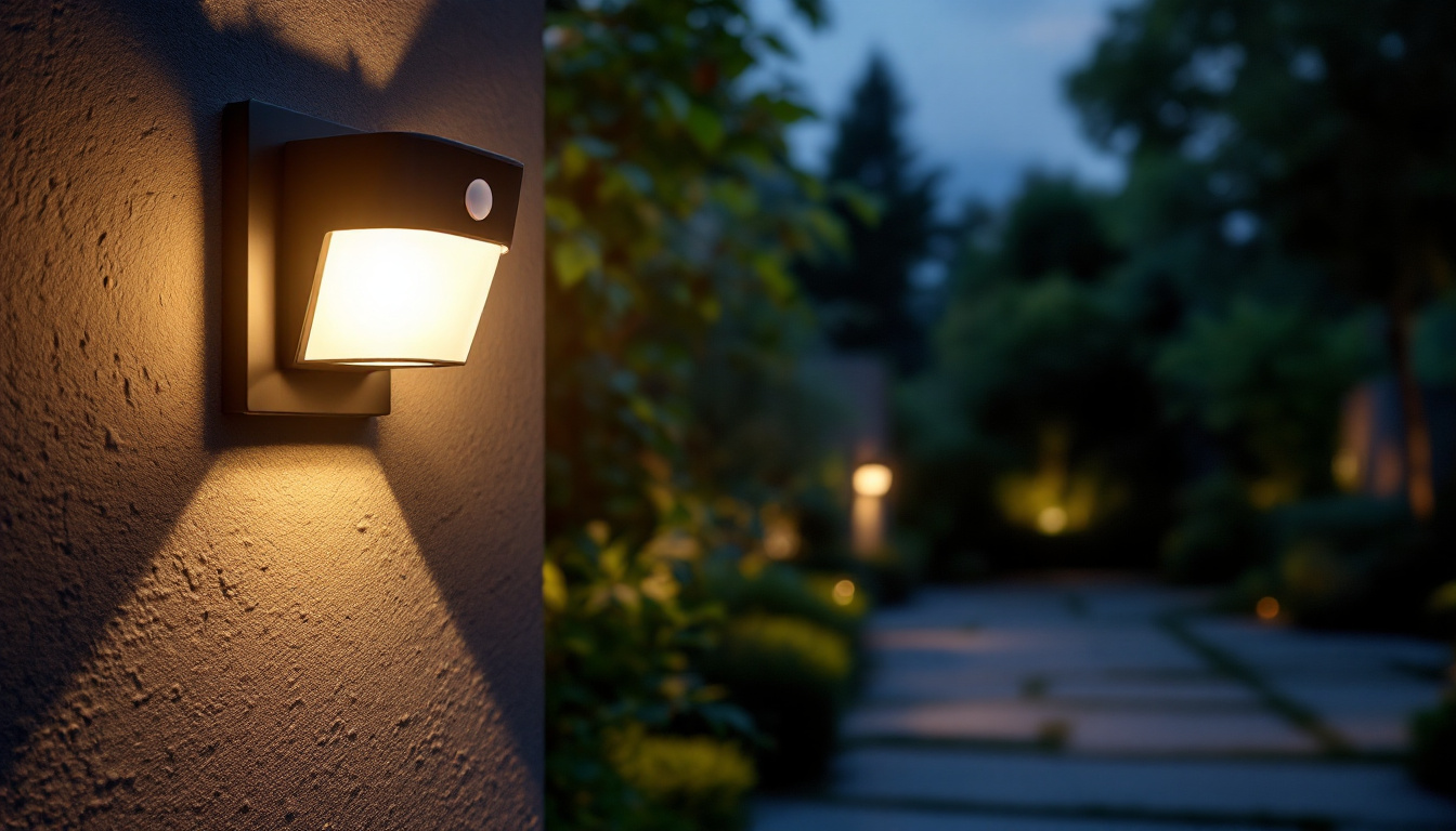 A photograph of a well-lit outdoor setting featuring a motion detector light switch in action
