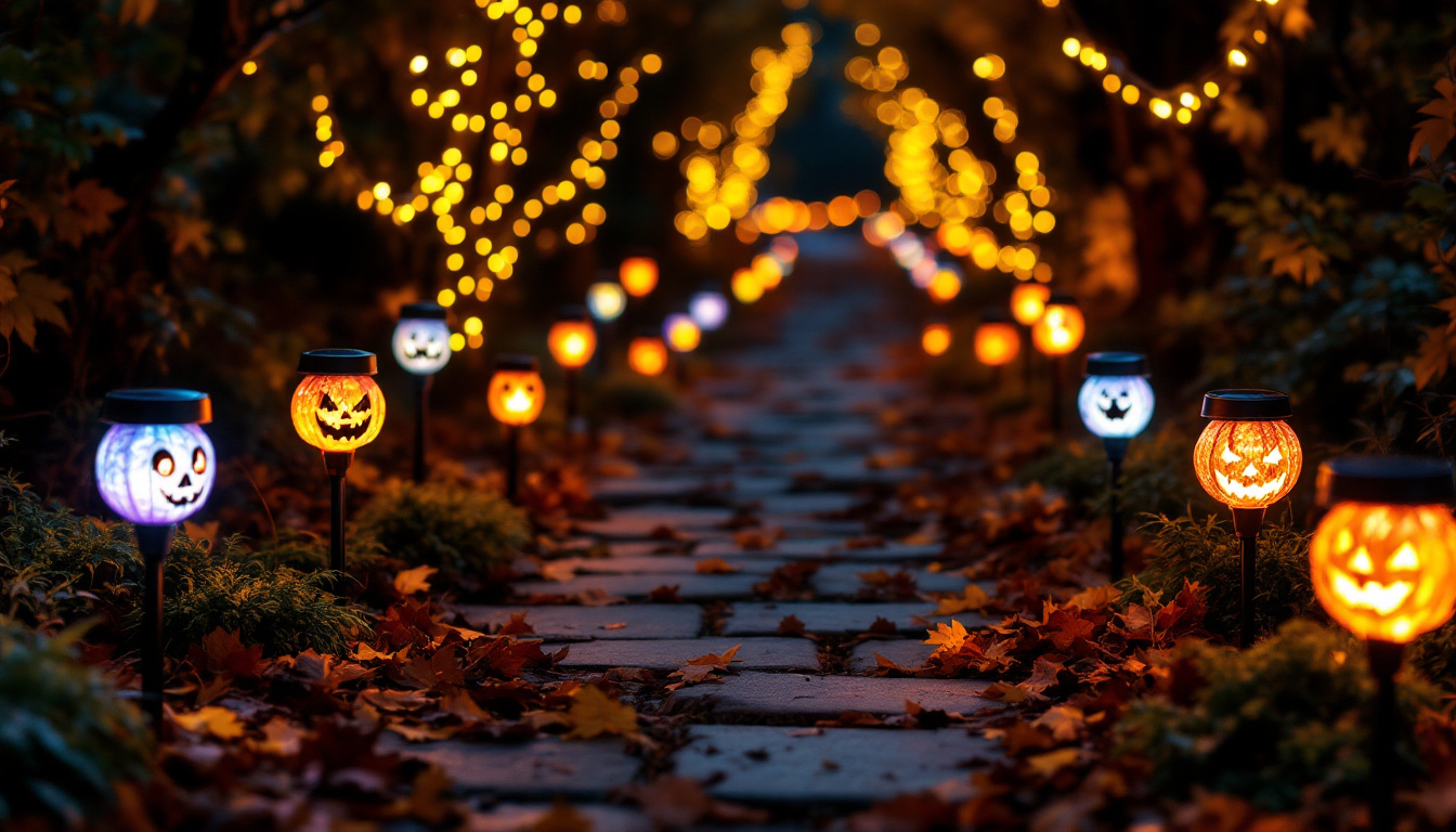 A photograph of a beautifully illuminated pathway lined with halloween-themed solar lights