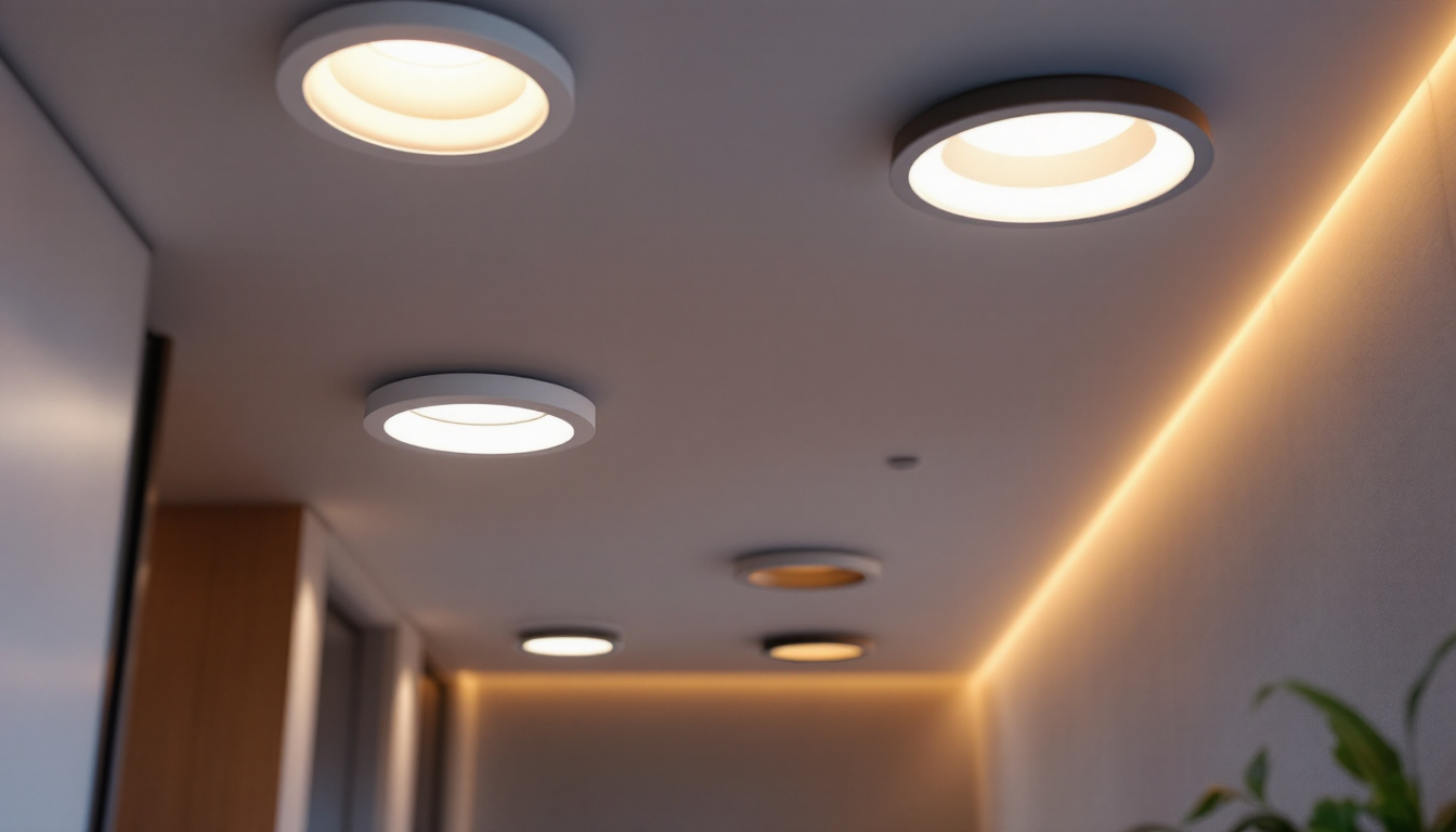 A photograph of a modern interior space showcasing various recessed led downlights in action