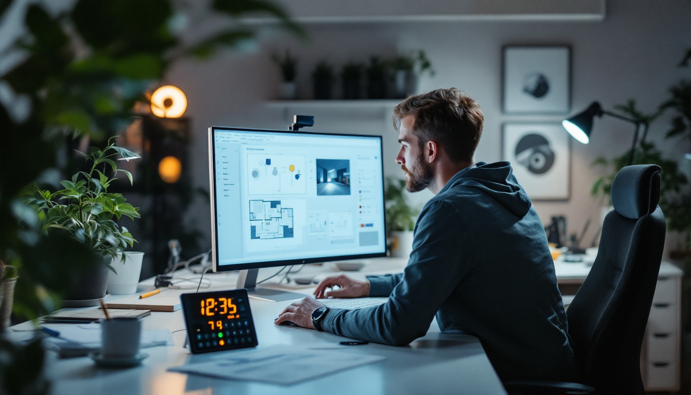 A photograph of a well-lit engineering workspace featuring a designer analyzing lighting layouts on a computer screen