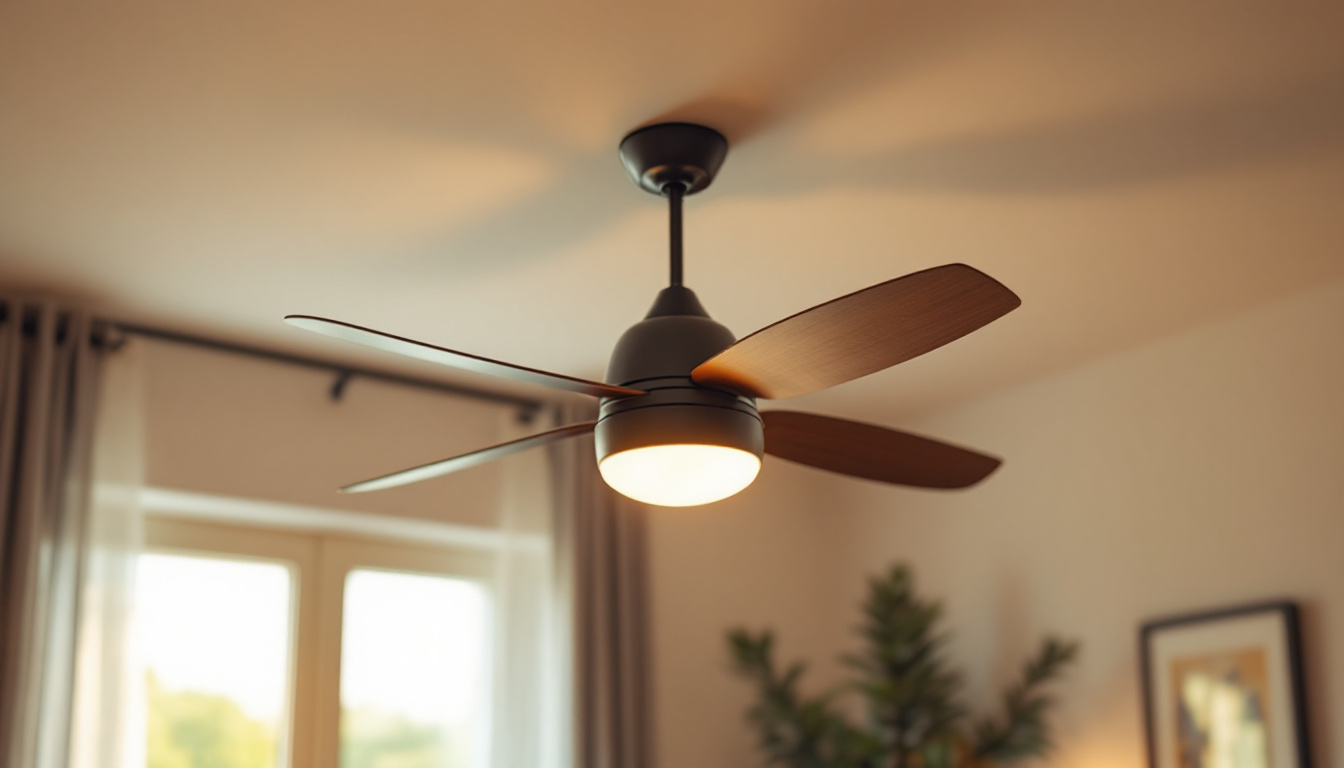 A photograph of capture a photograph of a stylish pacific ceiling fan installed in a well-lit room