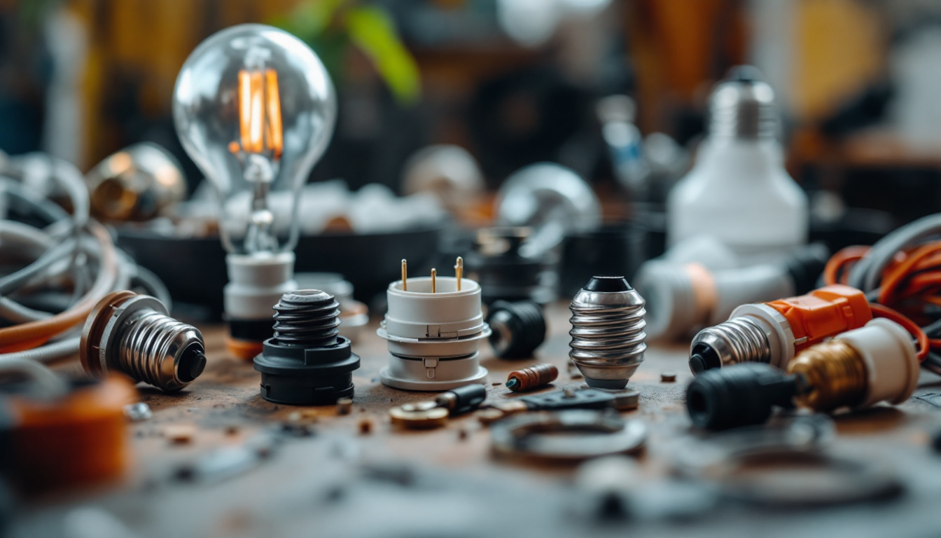 A photograph of a close-up shot of various replacement parts for lighting fixtures