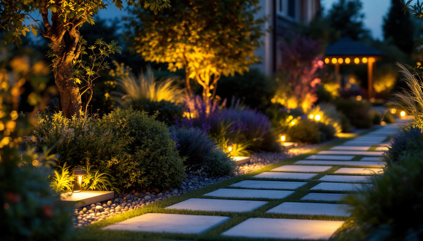 A photograph of a beautifully illuminated outdoor space featuring landscaping led lights