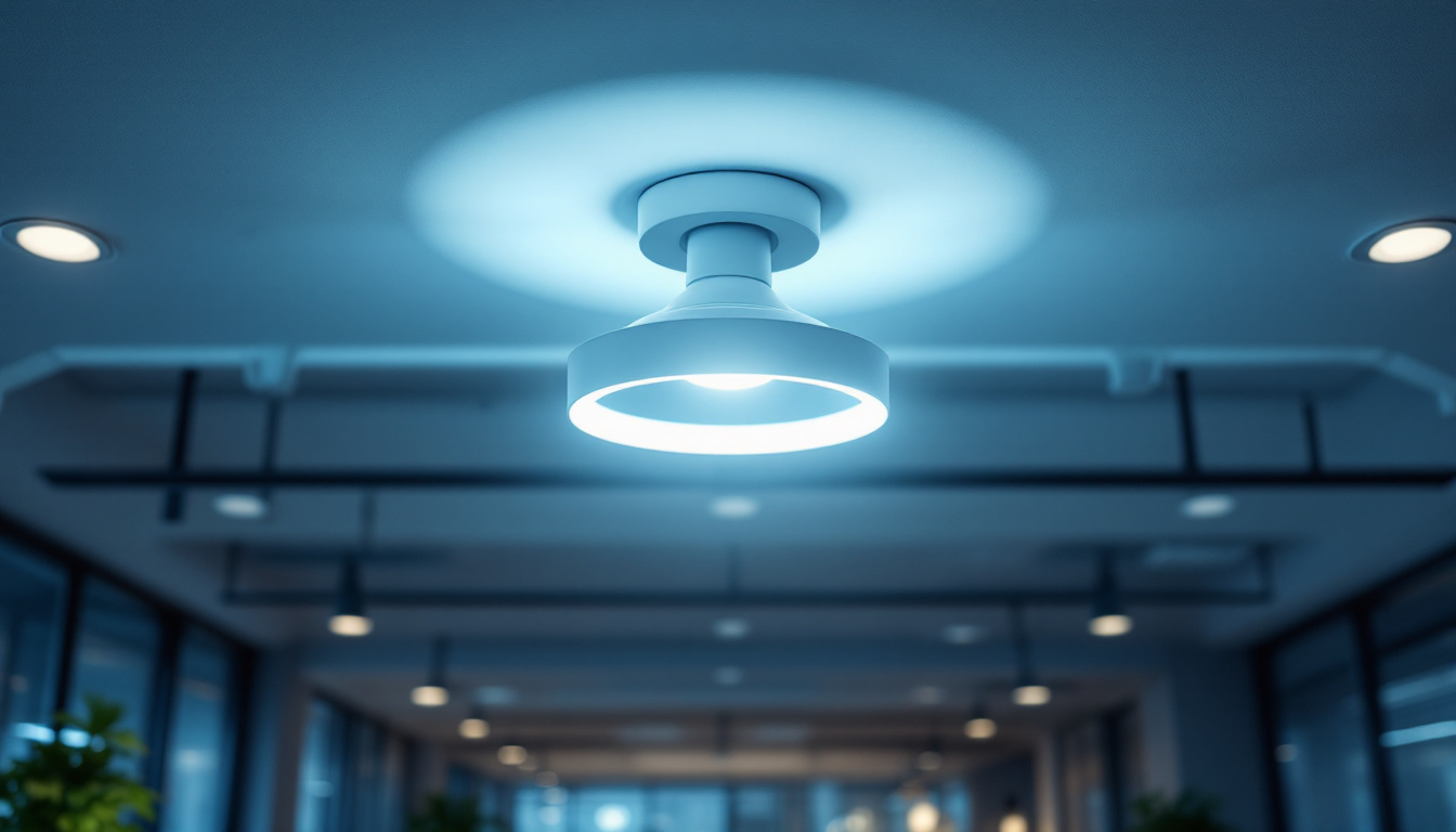 A photograph of a modern office ceiling light fixture that showcases its design and engineering features