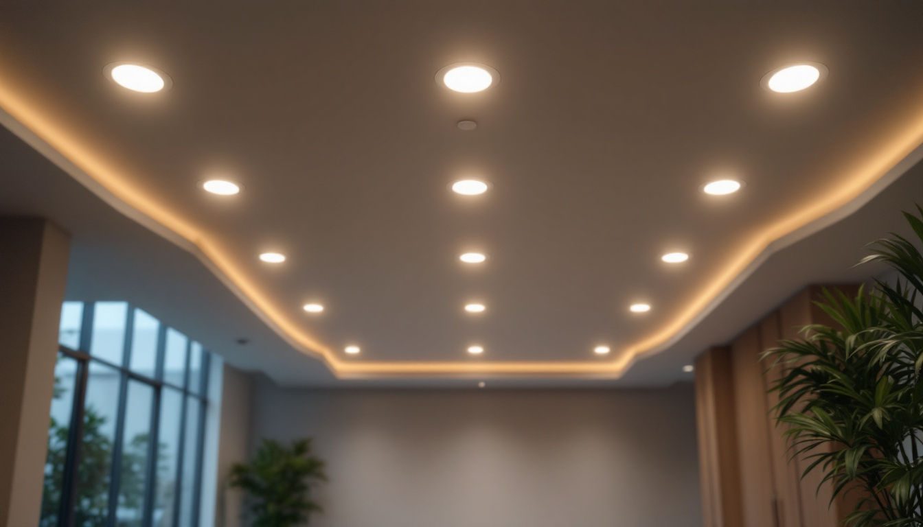 A photograph of a spacious room featuring multiple led recessed can lights installed in the ceiling