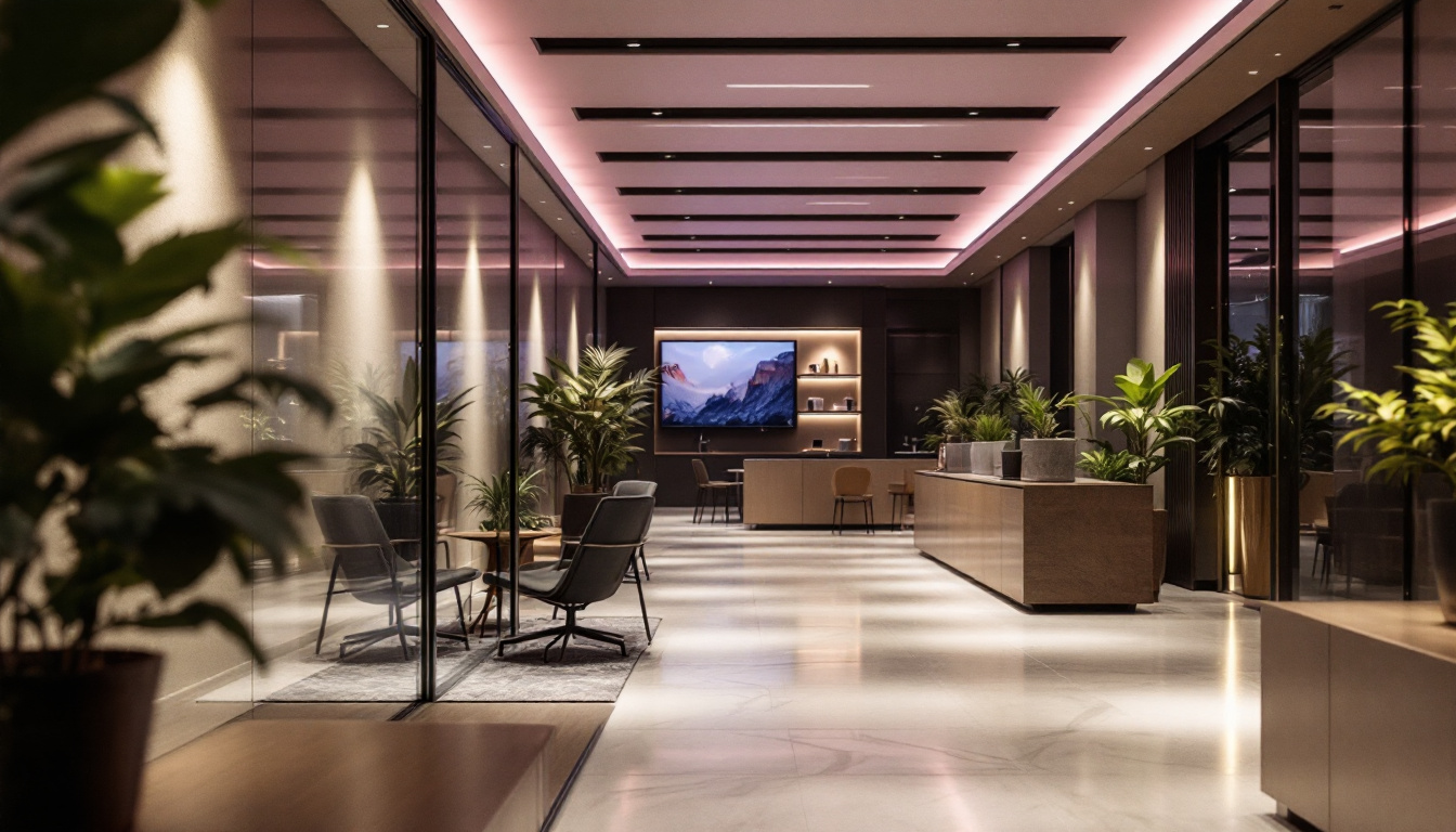 A photograph of a modern interior space showcasing recessed led lighting in action