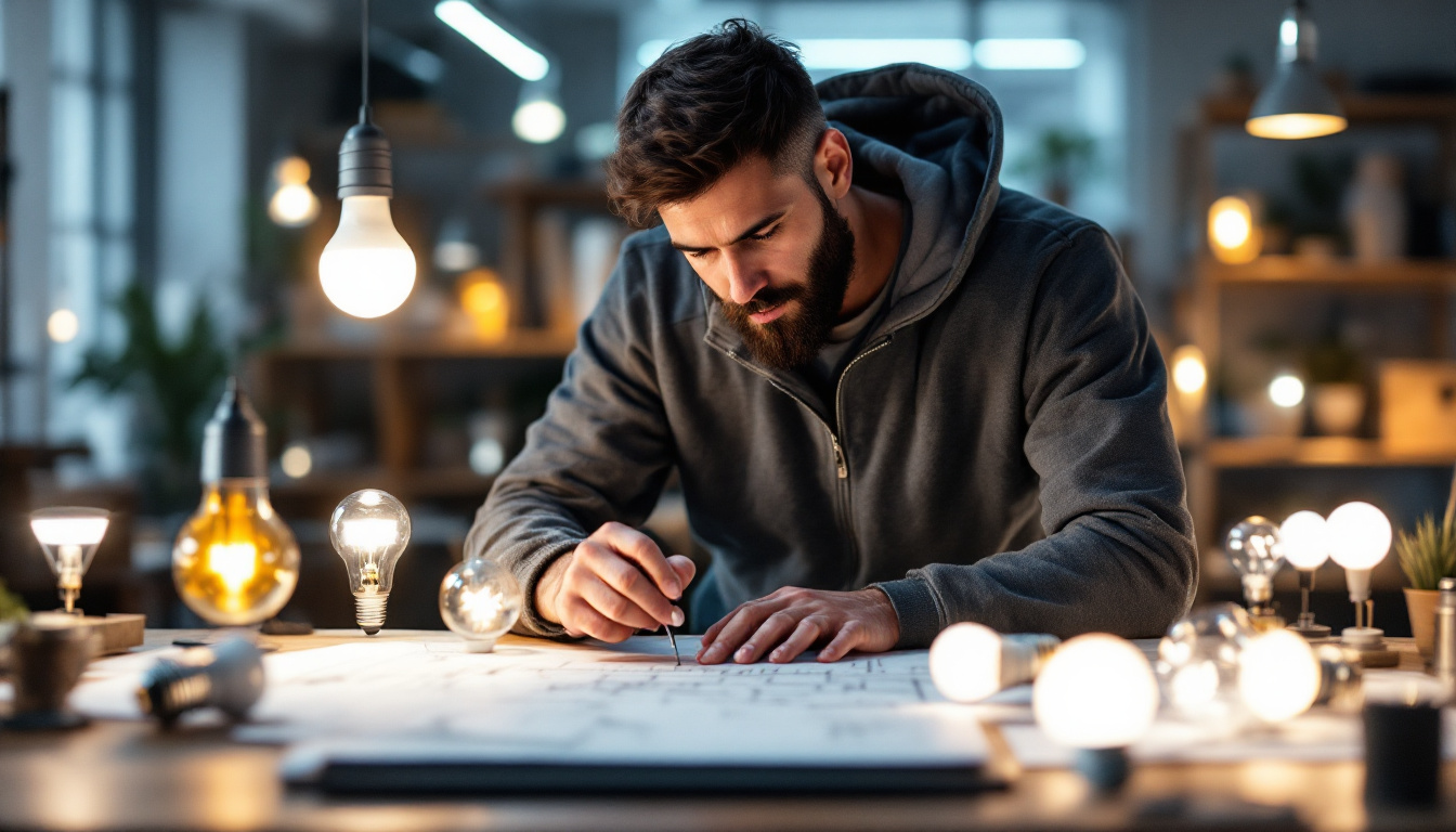 A photograph of a well-lit workspace featuring a diverse range of led lighting bulbs in various designs