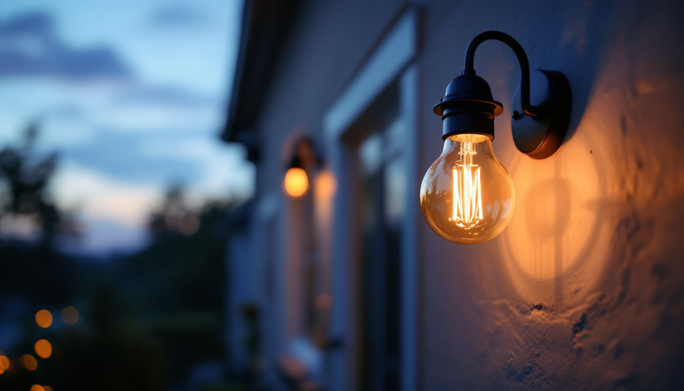A photograph of a stylish house number light bulb illuminated at twilight
