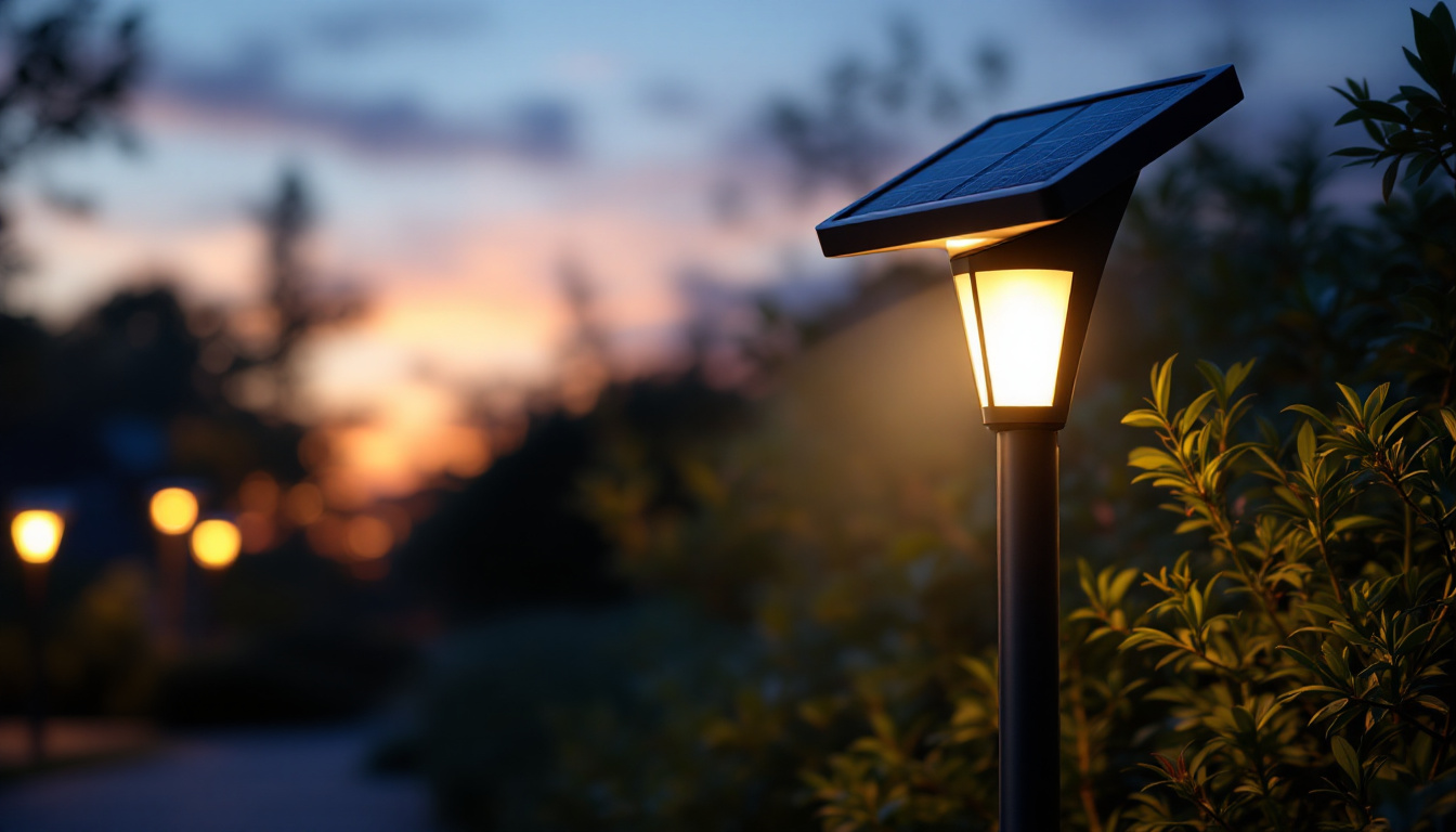 A photograph of a beautifully designed pole-mounted solar light illuminating a pathway or garden at dusk