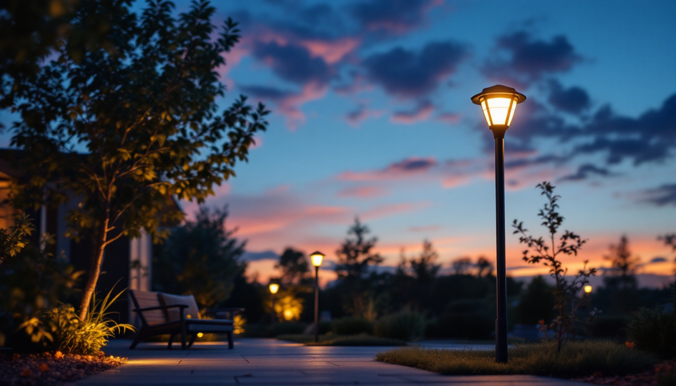 A photograph of capture a photograph of a well-lit outdoor space showcasing various solar outdoor lights in use during twilight