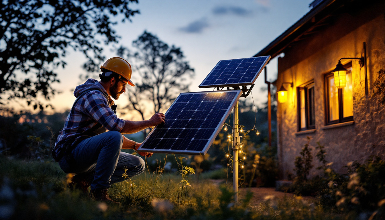 A photograph of a solar-powered lighting installation in an outdoor setting