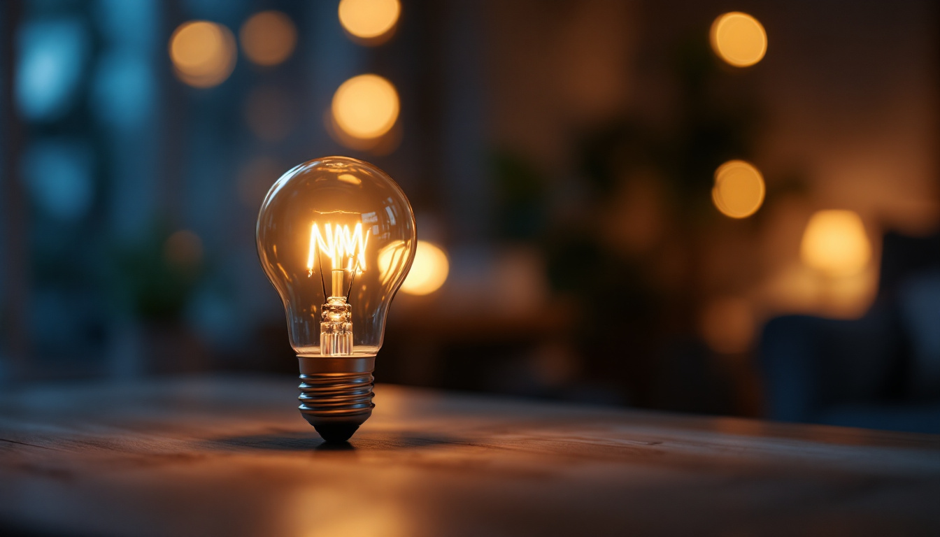 A photograph of a type g 40 watt bulb illuminated in a cozy