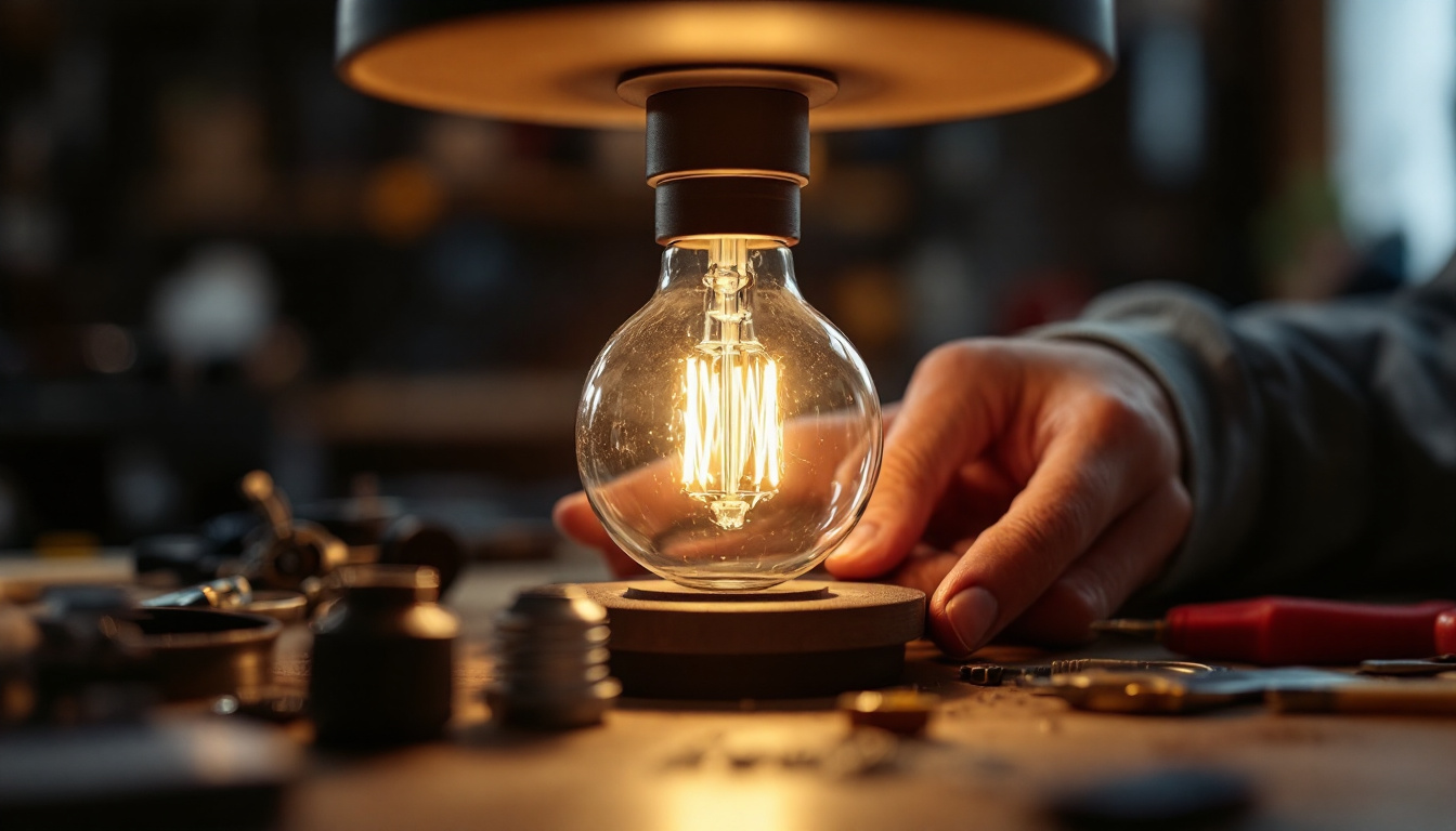 A photograph of a close-up of a type b bulb base being installed in a modern lighting fixture