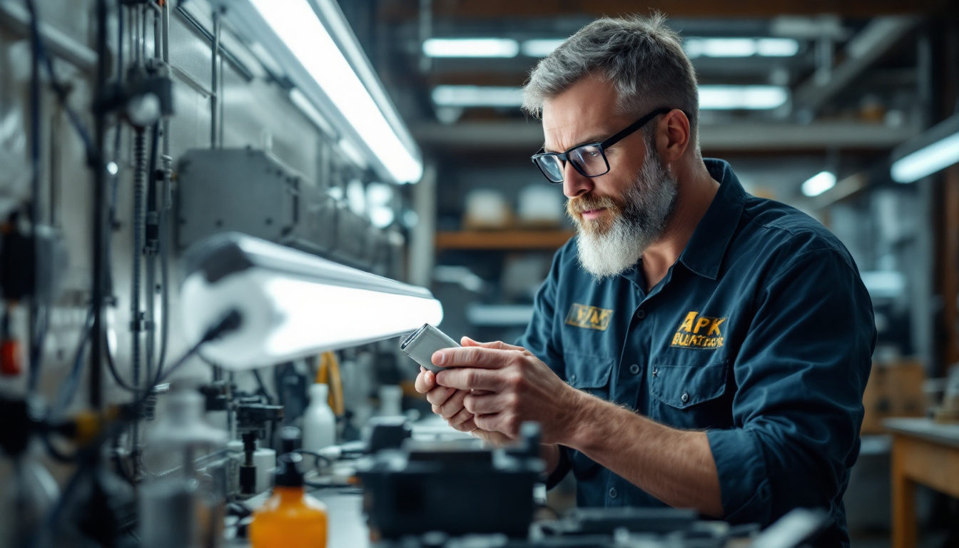A photograph of a lighting engineer meticulously examining a fluorescent lamp ballast in a well-lit workshop