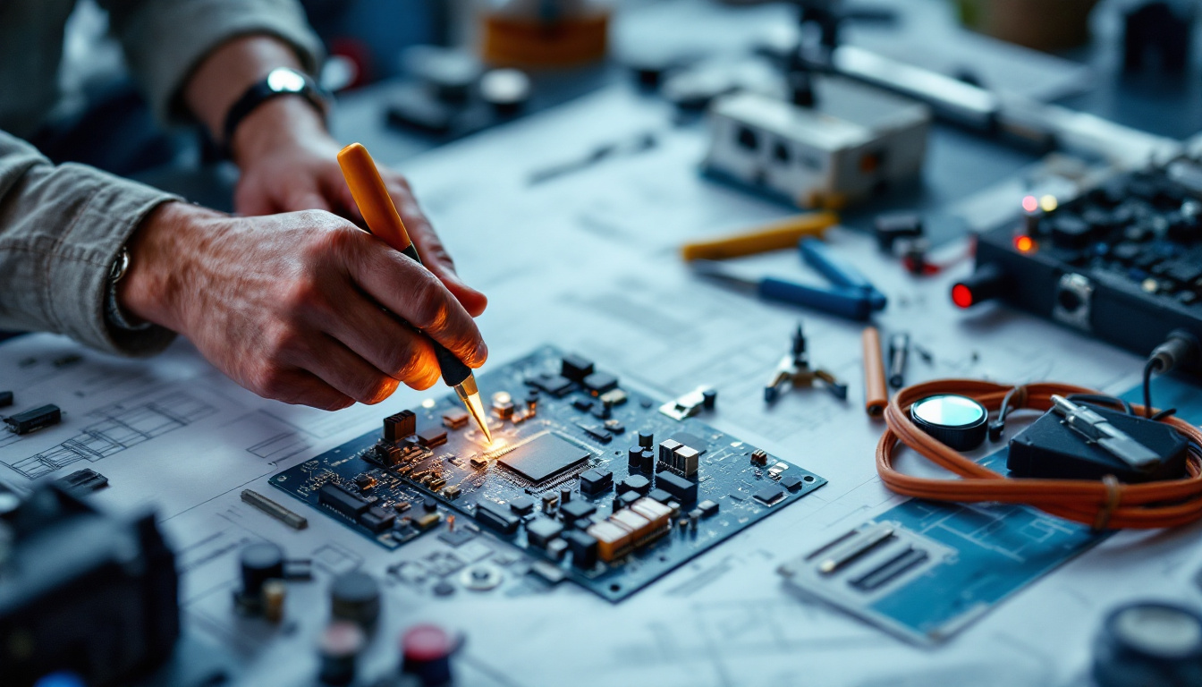 A photograph of a focused electrical engineer working on a circuit board