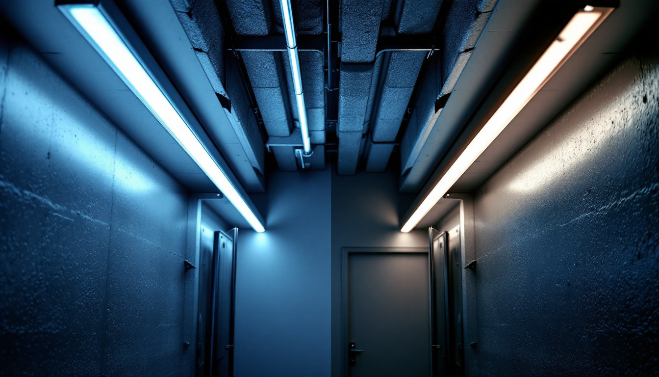 A photograph of a side-by-side comparison of a dimly lit area illuminated by fluorescent tubes and the same area brightly lit by led tubes