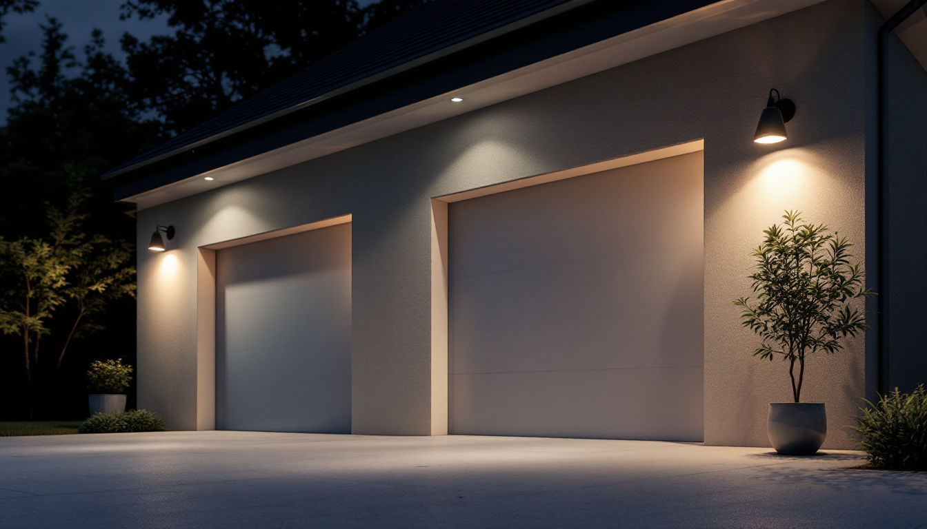 A photograph of a well-lit outdoor garage featuring stylish and functional light fixtures