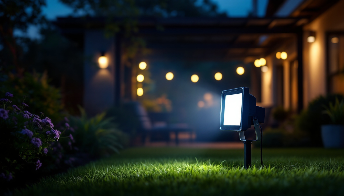 A photograph of a well-lit outdoor space showcasing an led flood light illuminating a garden or patio area at dusk