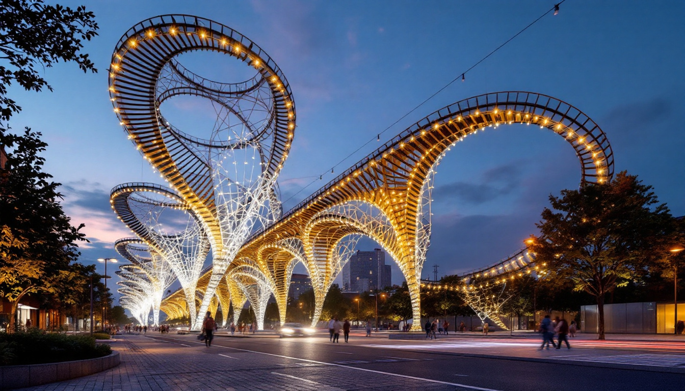 A photograph of a large-scale lighting installation in an urban setting