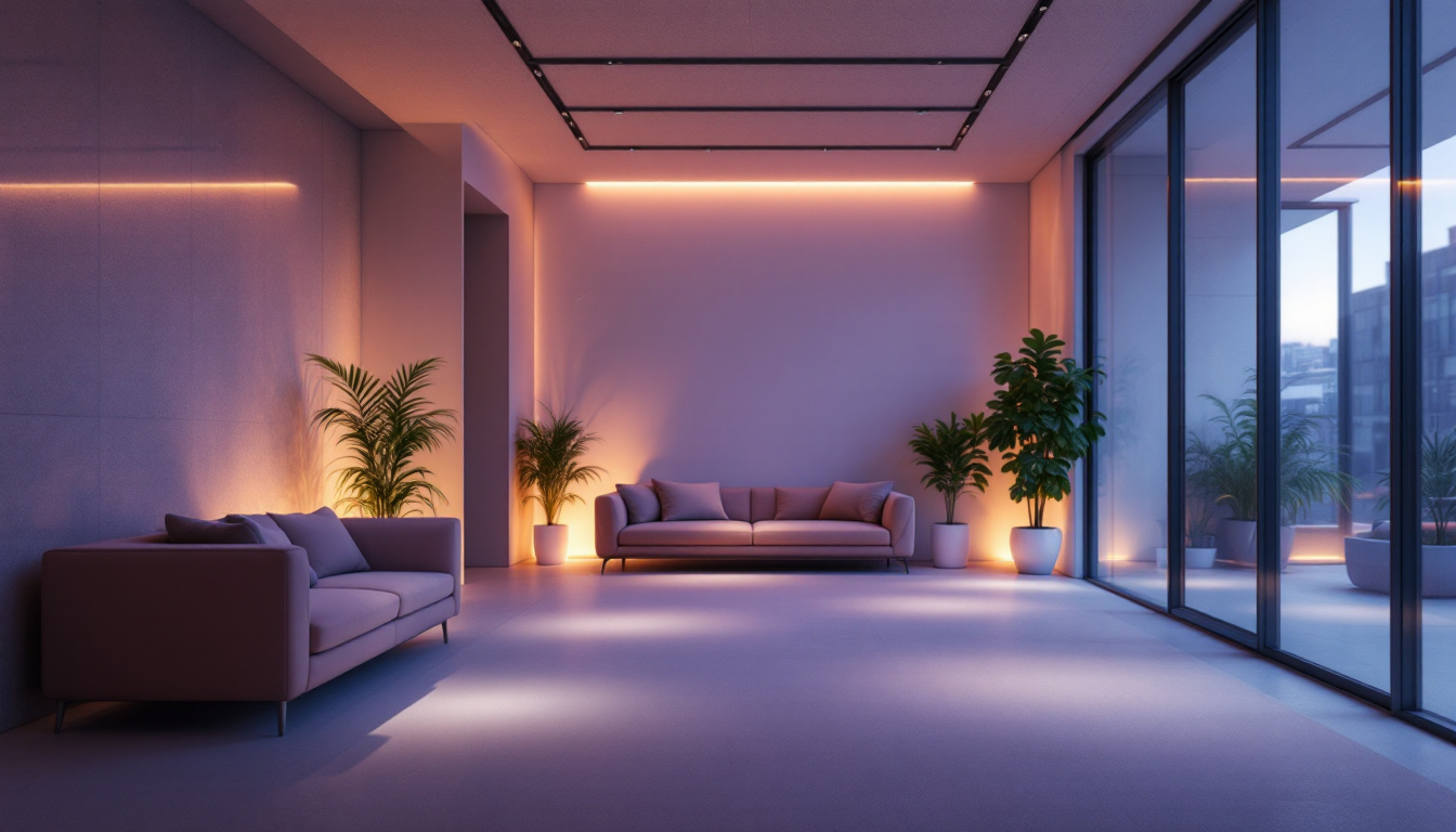 A photograph of a modern indoor space featuring strategically placed motion sensors and ambient lighting