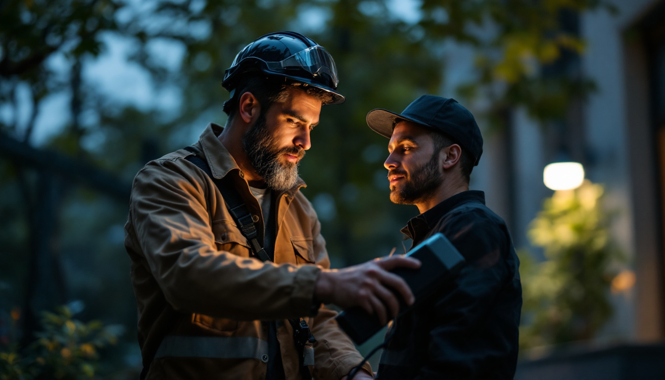 A photograph of a skilled electrical engineer examining a sleek black post light in a modern outdoor setting