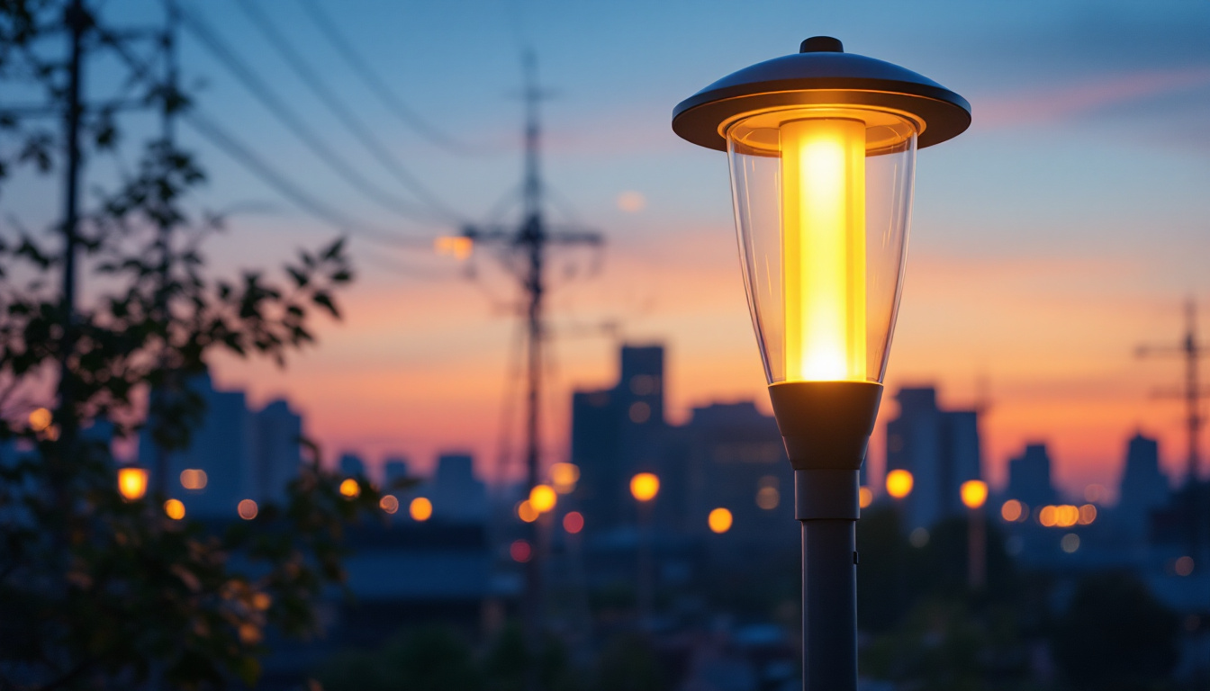 A photograph of capture a photograph of a modern outdoor street lamp illuminating a vibrant urban setting at dusk