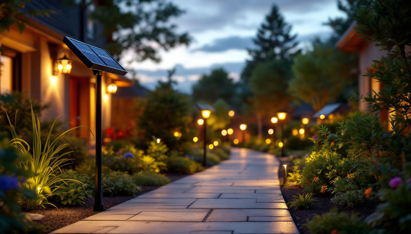 A photograph of a vibrant outdoor scene featuring a variety of solar lights in use