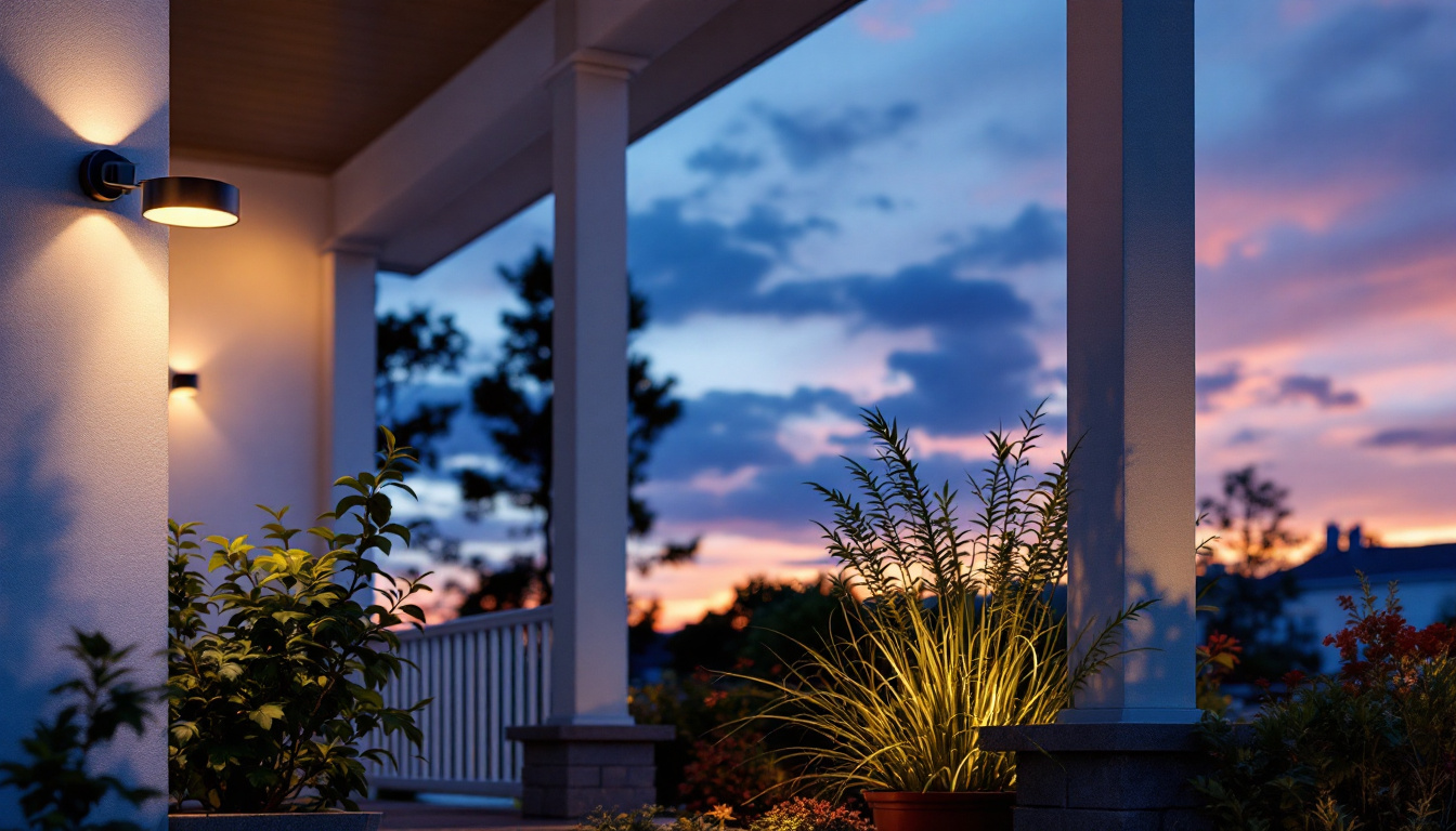 A photograph of a beautifully designed porch featuring stylish outdoor lighting fixtures with integrated outlets