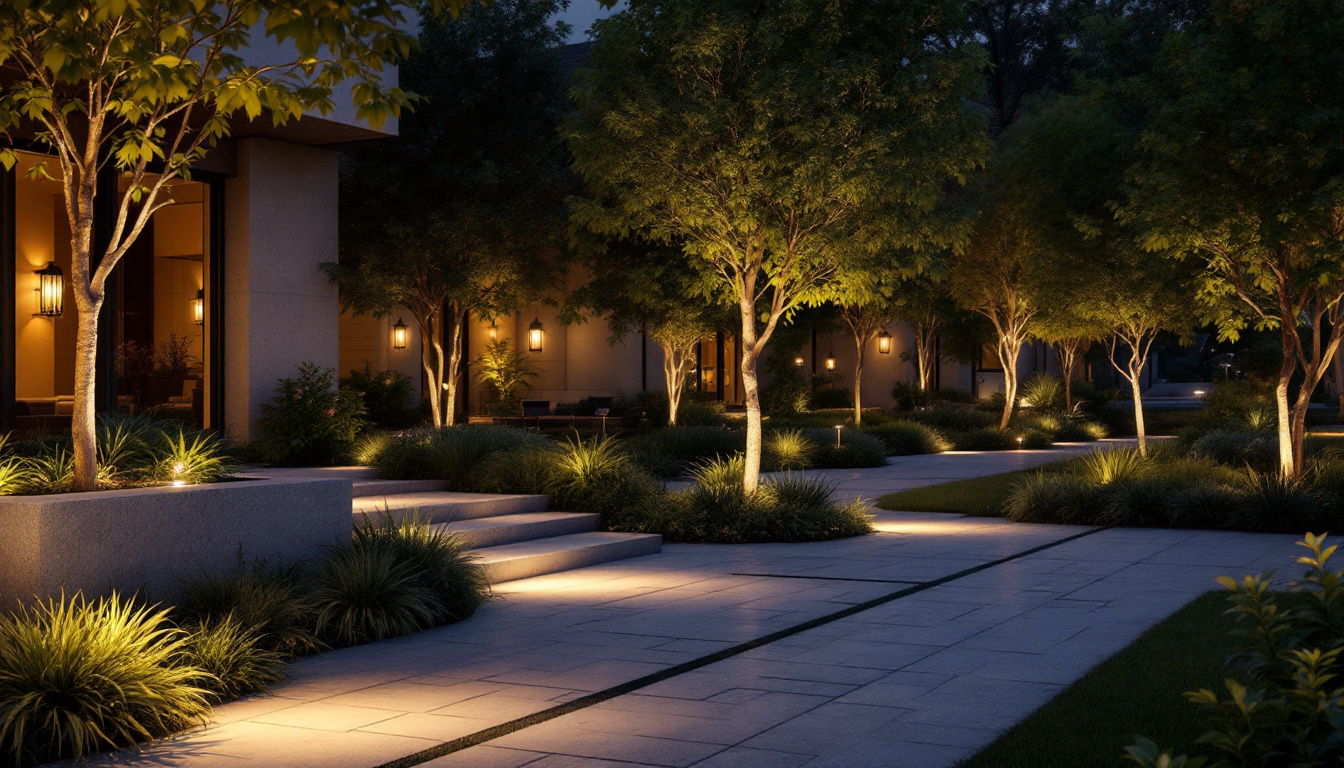 A photograph of a beautifully illuminated outdoor space featuring various styles of outdoor lights