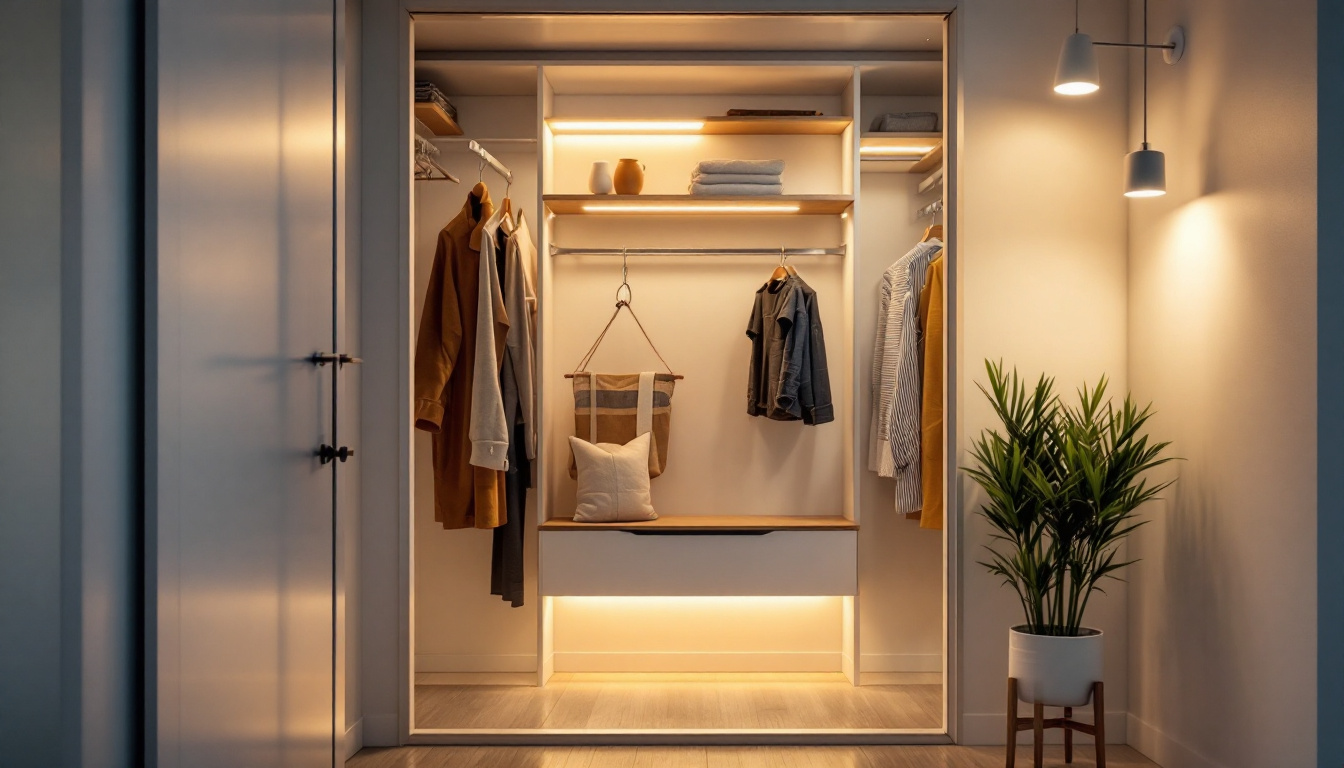 A photograph of a well-lit small closet showcasing various innovative lighting solutions