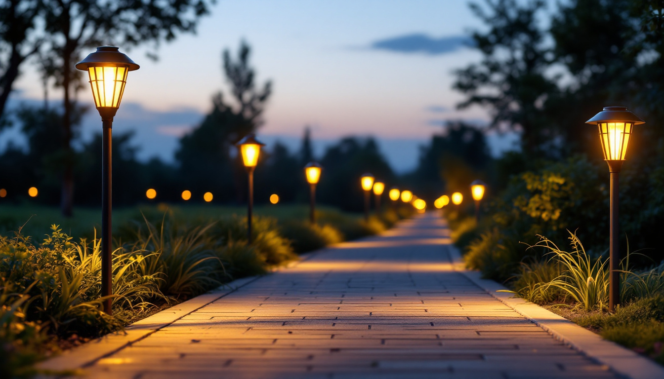 A photograph of a beautifully illuminated pathway lined with various styles of solar-powered pathway lights at dusk