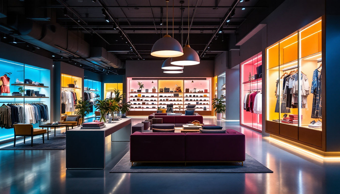 A photograph of a vibrant retail environment showcasing innovative lighting designs that highlight merchandise and create an inviting atmosphere
